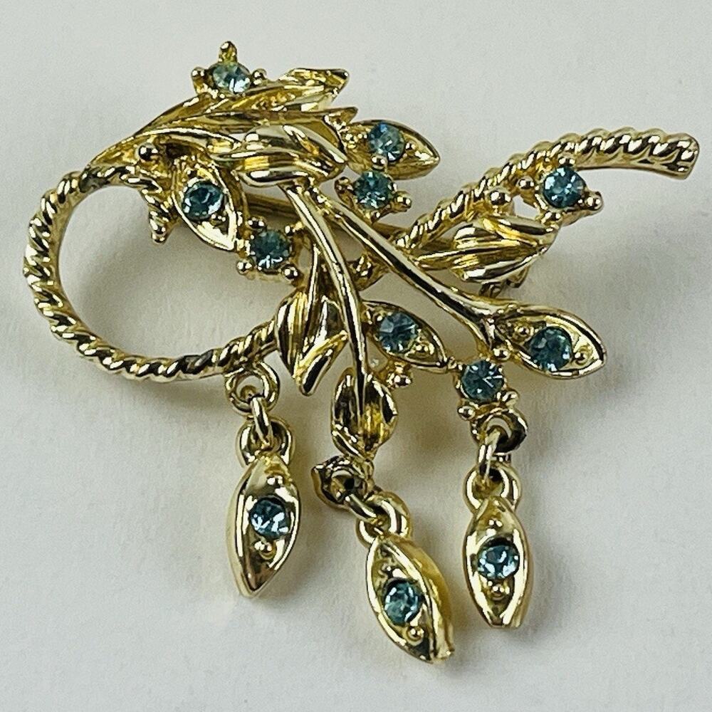 Vintage Coro Brooch Blue Rhinestone Leaf Dangles Signed Moves Gold Tone Light Pr